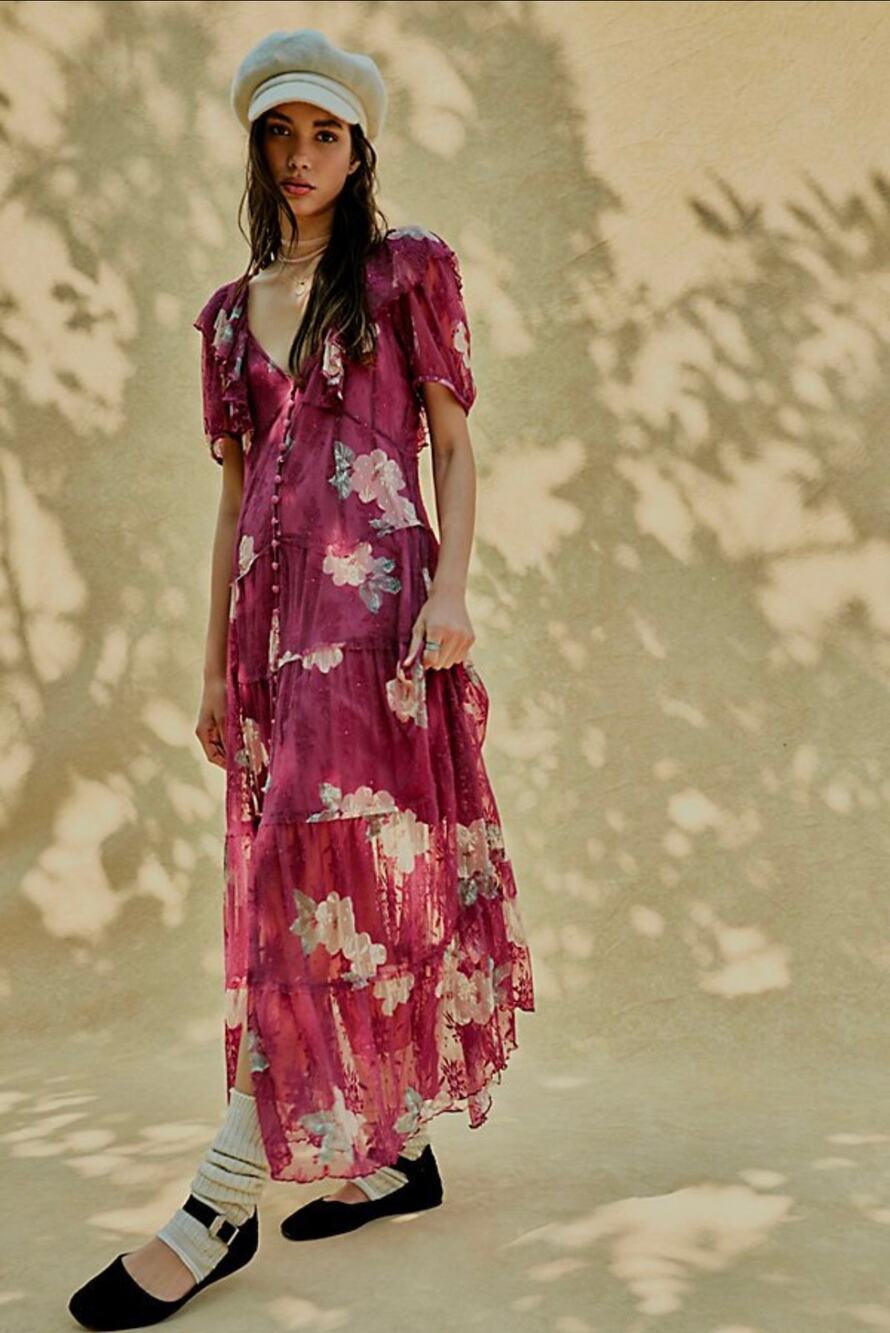 NWT Free People Hollis Maxi Dress in Berry Combo Size L